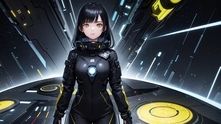 from future intelligence, technology background, complex mission, sudden mystery, unexpected result, unknown variables, strange data, confident look, space black pioneer dress, yellow eyes, black hair