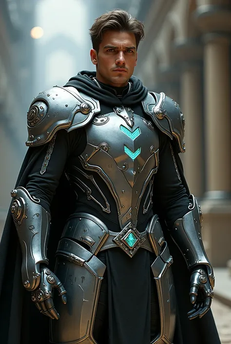 a futuristic sci-fi paladin man with medium brown hair, intricate detailed armor, glowing cybernetic enhancements, powerful heroic pose, dramatic lighting, cinematic high quality, concept art style, photorealistic, 8k, hyper detailed