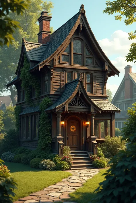 mysterious wooden cottage in a neighborhood 