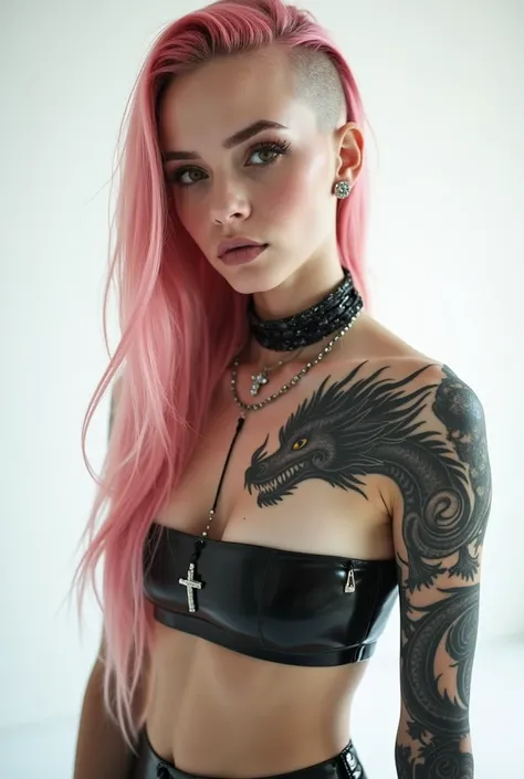 s young girl slender shape body, tiny tits, 165 cm height, 60 kilos weight,wide open legs,right side long pink hair, left side of the head shaved, snub nose, diamond piercing in the nose, big mouth, full lips,shy, dark brown small eyes, ((the girl dont loo...