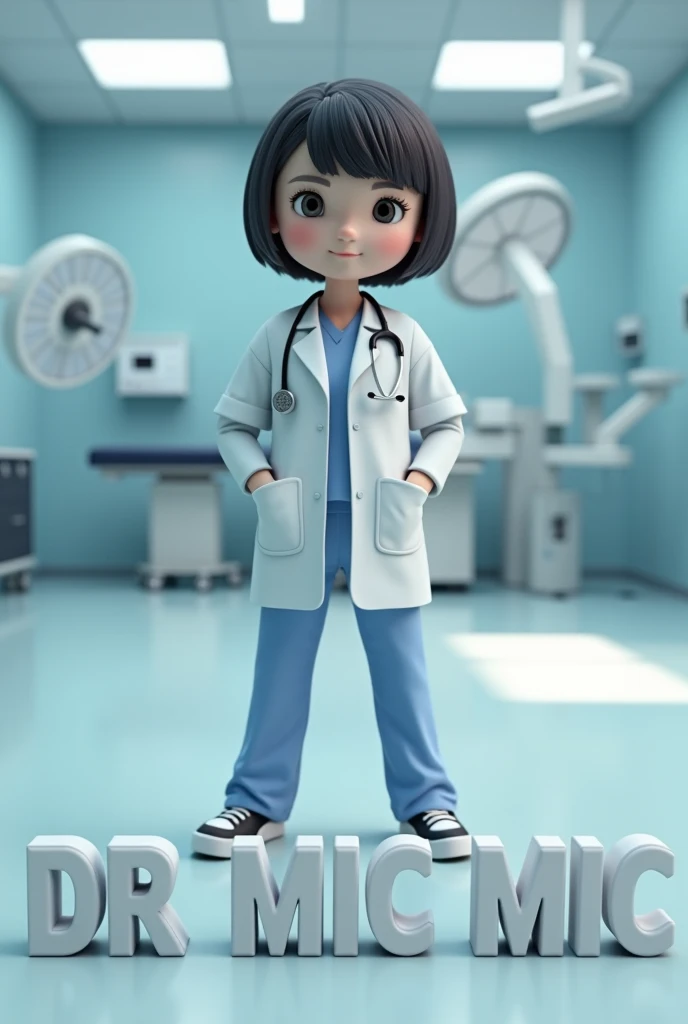 Create 3D render image of a female doctor with short hair, hair bangs left side, fair skin, clean face, with name "DR MIC MIC" written on the floor in 3D white letter style, embossed, realistic, with clear background of a hospital empty operation room with...