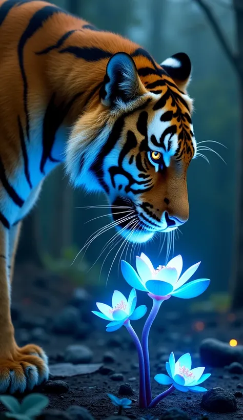 In the midst of a smoldering swamp, a majestic tiger lowers its massive head toward an otherworldly plant growing from the scorched earth. The plants slender stem, as thin as a finger, holds delicate, lotus-like flowers that radiate soft, shimmering blue l...