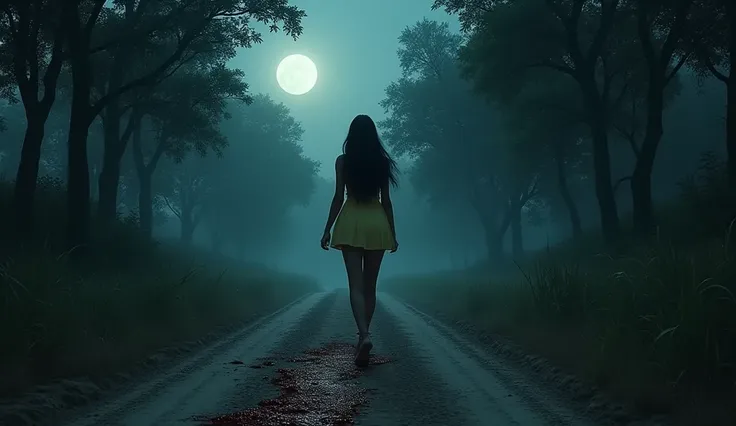 "A haunting rural evening scene with a narrow, deserted dirt road surrounded by tall, dense trees. Jaya, a beautiful Indian girl with long, big round boobs, curvy, slim, red lips, flowing black hair, walks cautiously. She wears a pale yellow short dress. A...