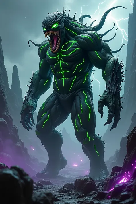 A massive hybrid creature combining Venoms sinister, symbiotic texture with the Hulks immense, muscular form. Its skin is a black, liquid-like surface with glowing green veins pulsating across its massive body. Its eyes shine a menacing, toxic green, and i...