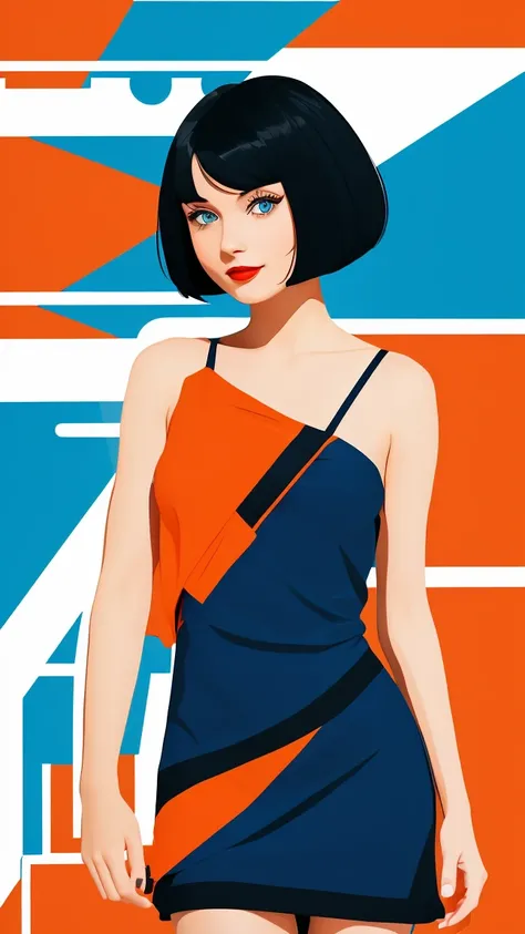  Create a flat illustration of a realistic female character with a black bob cut, striking blue eyes, and red lips. She is wearing a dress featuring an orange ruffle off-the-shoulder top, showcasing her bare shoulders. The character has a warm smile, exudi...