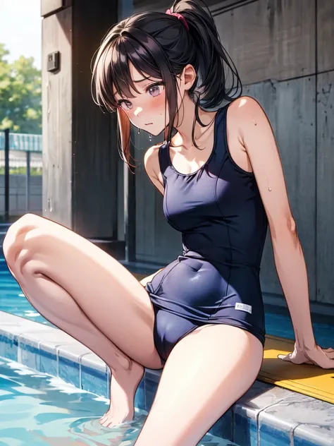 A  girl, black ponytail, poolside,  (baggy one-piece swimsuit, school swimsuit:1.4), (soaking wet swimsuit), armpit, sitting, spreading legs, Chubby body, blushing face, embarrassing face, 