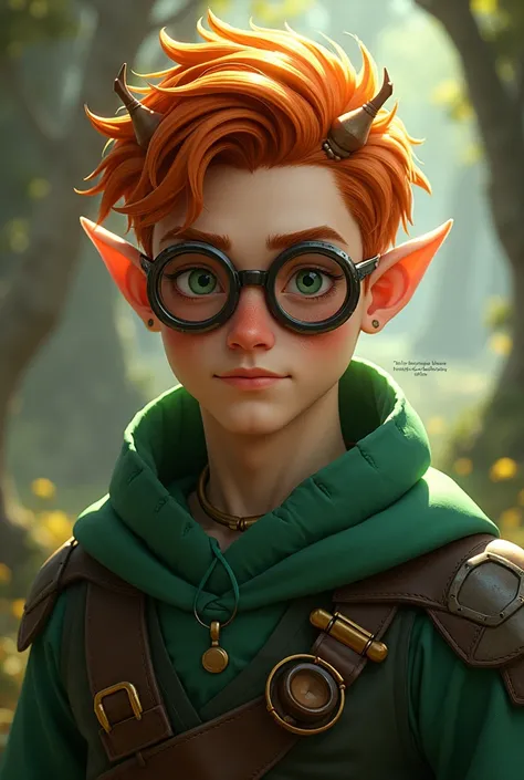 A male, earthblood elf. Is a 20 year old man/boy. Like in The dragon prince cartoon. Ginger and green hair, working/steampunk glasses. Little antlers/horns 