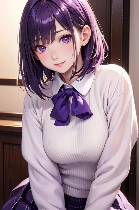 ( best quality, high definition ,8k,inelity detailed background, masterpiece :1.2), pretty girl,( glossy purple hair:1.3),(long hair:1.2) ,short hair, bob cut, ,Beautiful purple eyes,autumn,school uniform,white knit,  muffler ,skirt,black tights,(zettairyo...