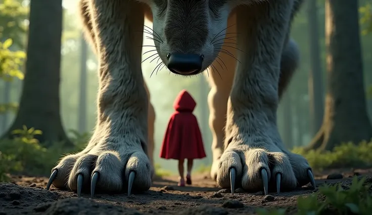 le petit chaperon rouge marche dans la forêt de manière insouciante alors que le loup la déjà aperçu depuis un promontoire rocheux. on ne vois que les pattes du loup. la caméra est placée entre les pattes du loup