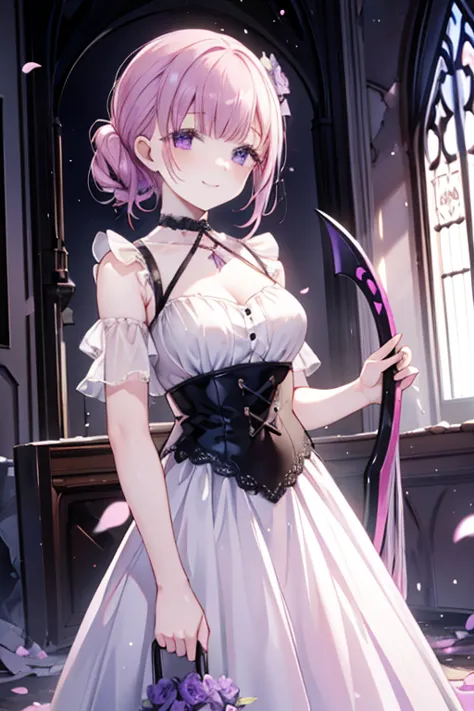 perfect face. perfect hands. a petite pink haired woman with violet eyes in a pretty lace gown is smiling while holding a scythe...