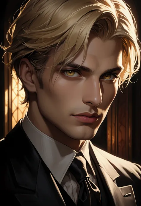 a handsome blonde man with short hair, beautiful detailed eyes, beautiful detailed lips, extremely detailed face and portrait, longeyelashes, elegant gentleman, portrait, traditional oil painting, chiaroscuro lighting, dramatic lighting, cinematic, high co...