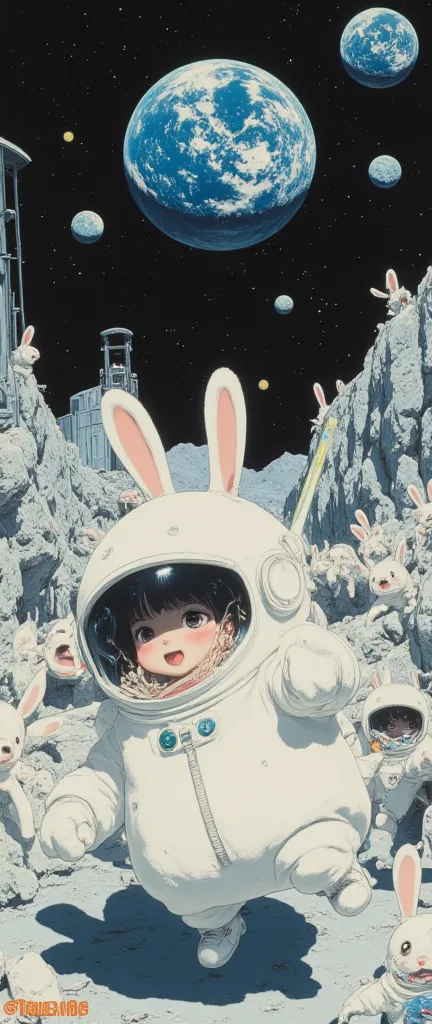 on the surface of the moon, near a futuristic lunar base, a comical scene unfolds with a rabbit in a puffy white spacesuit drama...