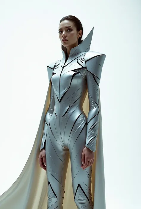 A strikingly elegant cosmic explorer, adorned in sleek metallic armor with intricate geometric patterns, stands against a stark white background in a minimalist high fashion photograph. Their sharp angular features and flowing cape exude an air of sophisti...