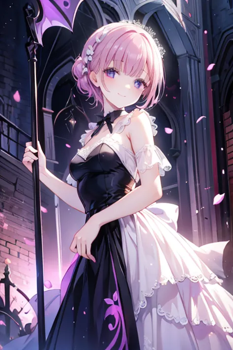 Perfect face. Perfect hands. A petite pink haired woman with violet eyes in a pretty lace gown is smiling while holding a scythe in an abandoned church