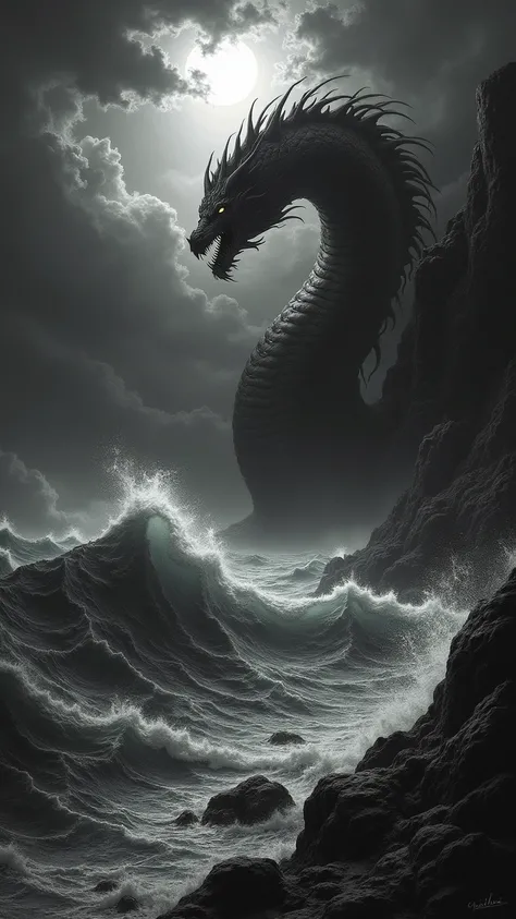  A dark ocean under a stormy sky, with a serpentine silhouette emerging from the depths; Antique engraving style, dark tones.