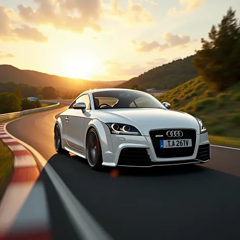 A white 2010 Audi TT RS car drives on the Top Gear test track, evening,  the sun is shining from behind 