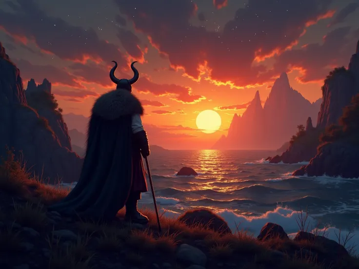 A (((Viking civilization))) at sunset, with an air of anticipation as the sky transitions into an almost midnight backdrop, alive with the vibrant presence of fantastical creaturesIllustration, Cinematic, Contemporary Art, 