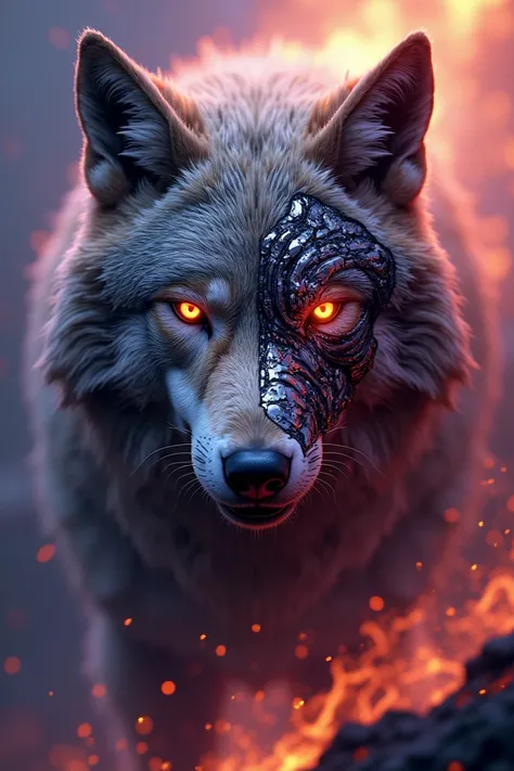 Wolf with scratches on his face sinister with purple and orange fire the other half of his face like a robot wolf