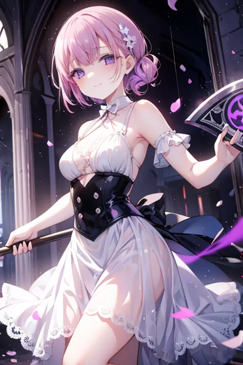 Perfect face. Perfect hands. A petite pink haired woman with violet eyes in a pretty lace gown is smiling while spinning a scythe in an abandoned church
