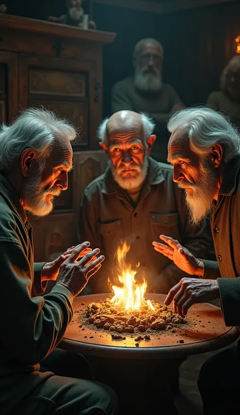  A group of elderly people telling old stories around a fireplace, with serious expressions and restrained glances of terror .
