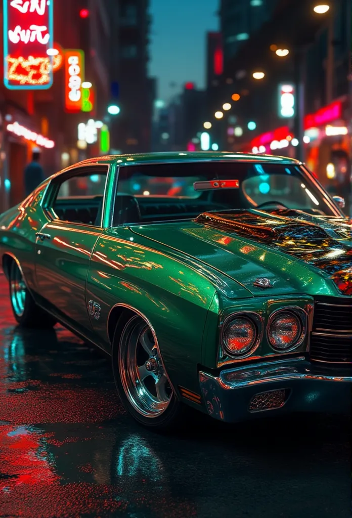 ((masterpiece)) ((photography)) ((highest quality))  hyper-realistic illustration of a classic 1970 chevrolet chevelle ss lowrid...