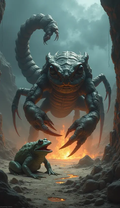 "An intense face-off between a giant frog and a giant scorpion, both in aggressive stances and exuding raw fury. The giant frog is crouched low, its muscular legs ready to leap, with its mouth open wide and eyes glowing menacingly. The giant scorpion raise...