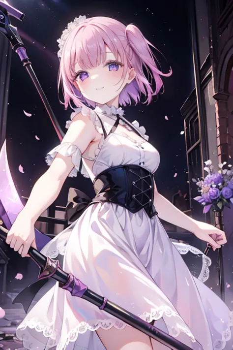 perfect face. perfect hands. a petite pink haired woman with violet eyes in a pretty lace gown is smiling while spinning a scyth...