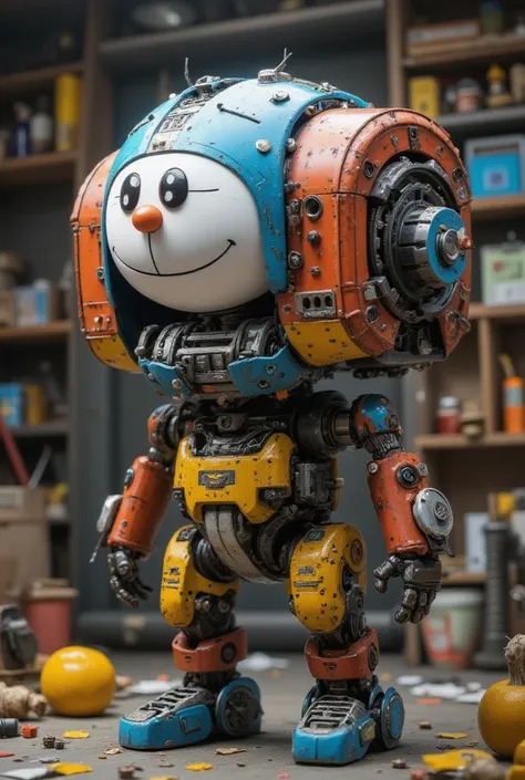 A hyper-realistic depiction of a robot resembling Doraemon, showcasing intricate mechanical details and components, in a creative workspace with tools and materials scattered around, emphasizing the process of creation. The robot should have a friendly exp...