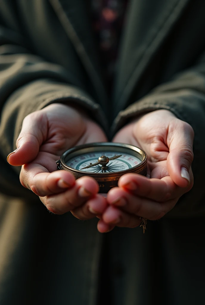  A close plane of Anas hands,  they hold on to a compass , while the needle trembles .