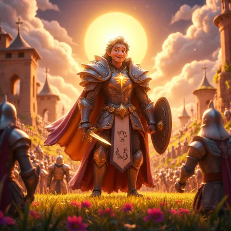 "A noble, heroic Paladin standing on a sunlit hilltop amidst a golden sunrise, his presence radiating calm strength and divine grace. He is clad in shining silver armor etched with intricate celestial runes that softly glow with starlight. His white and go...