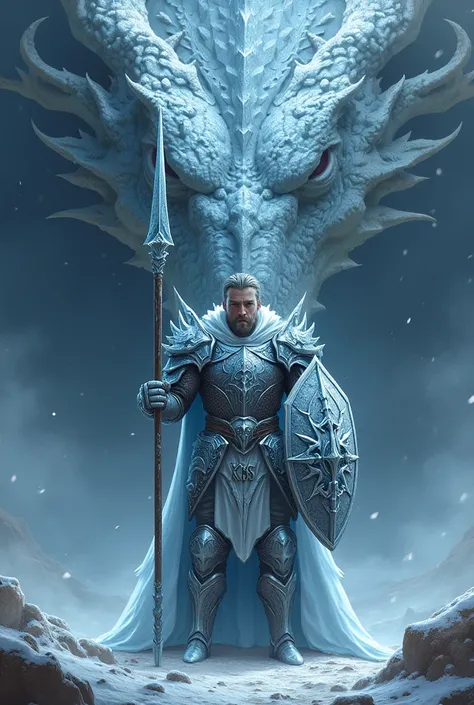 
a dashing man standing straight wearing full armor with an ice pattern holding a spear and a shield with the words KBS standing facing forward at the dragons head