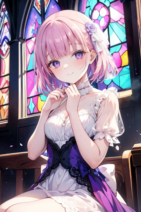 perfect face. perfect hands. a petite pink haired woman with violet eyes in a pretty lace gown is smiling while sitting in front...