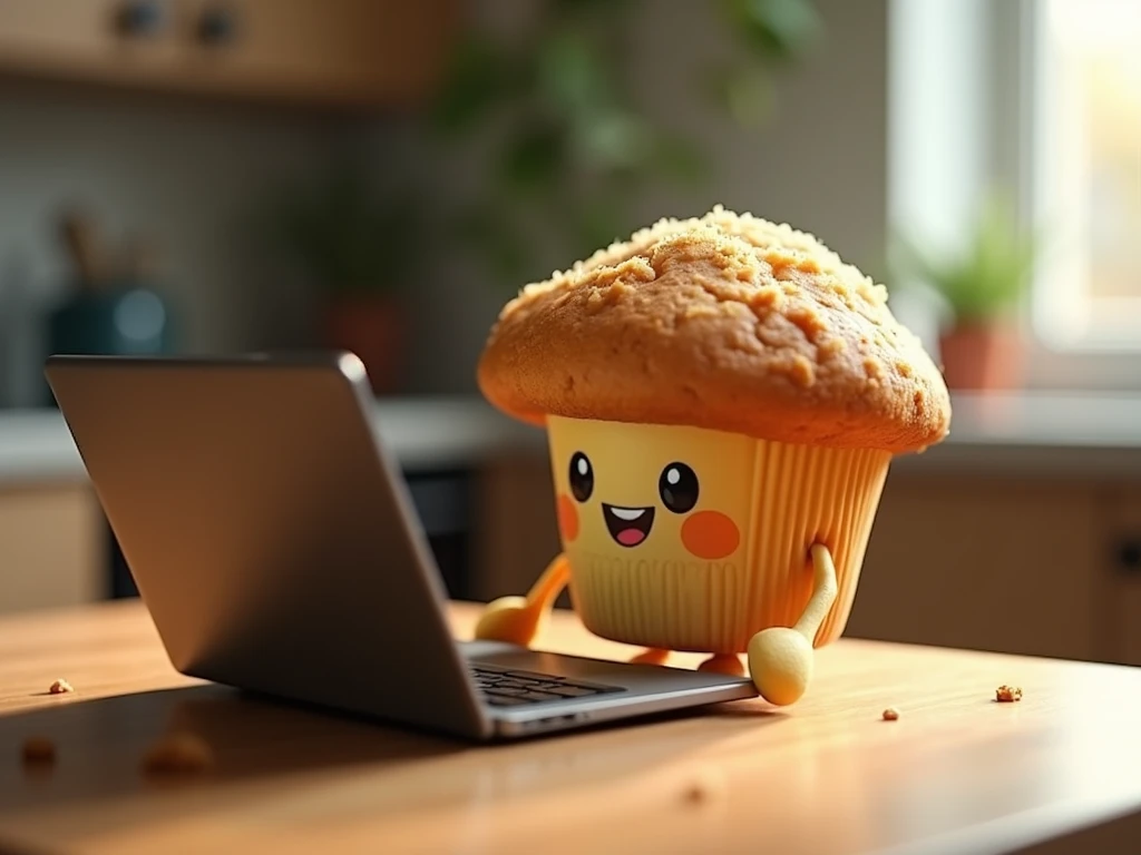 A muffin playing on a laptop