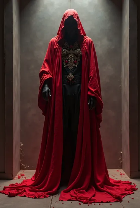 Death: La Death viste completamente de rojo.  His clothes could be made of fabrics 
fluid and dramatic ,  like a flowing cape ,  with touches of black or white in details 
like headbands or embroidery .  Close to the character in the cube ,  with an upri...