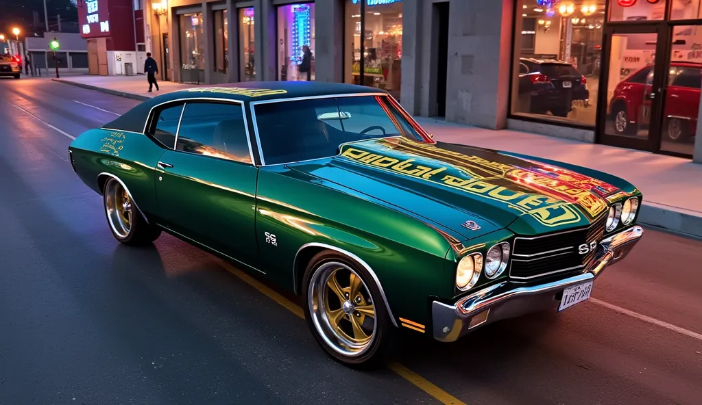 ((masterpiece)) ((photography)) ((highest quality))  hyper-realistic illustration of a classic 1970 chevrolet chevelle ss lowrid...