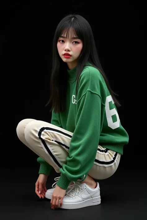 MaiteP.22 years old, rosto angelical,  textured skin ,  very long straight black hair ,  thin eyebrows , cat eyeliner ,  highlighter on the cheekbones , gloss labial, wearing a green sweater with white stripes on the sides of the arms and legs .  The sweat...