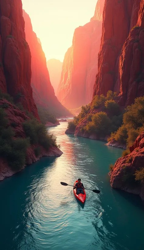 "A winding river cutting through a red-hued canyon, a kayaker paddling through the gentle rapids, the cliffs illuminated by the soft glow of a setting sun, photorealistic."