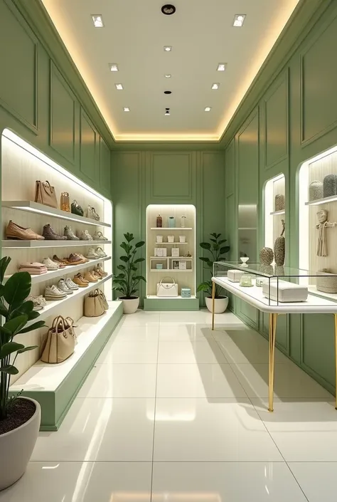 Create for me,  a large accessories store , modern and chic .  It will be covered in white and light green .  will be illuminated with warm colors .  It will be very beautiful and well decorated ,  some parts of the store will have small and sophisticated ...