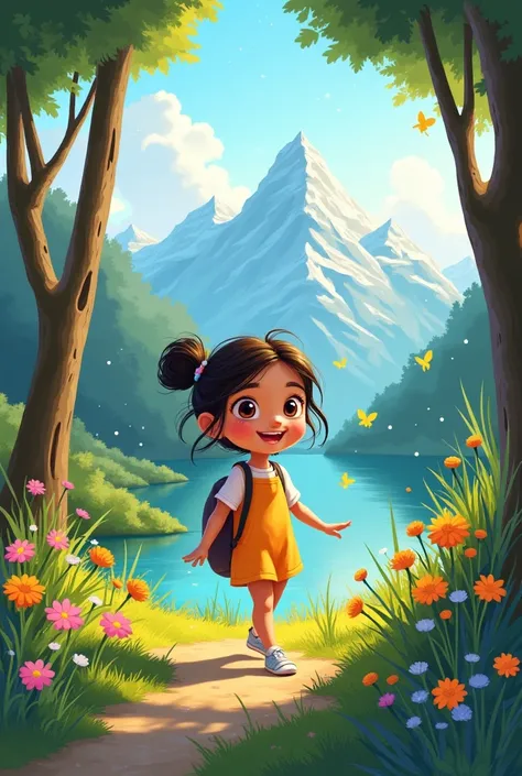 Theepo a female cartoon character wondering in the beautiful places of world 