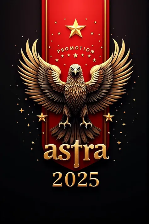 Please create an image of a logo that contains the following things :
-An impressive eagle
-The motto  "ad astra "
 -Stars in gold color
-Black and red background
-The logo must have red and gold colors
-At the bottom it should say "Promotion Spain 2025 " ...