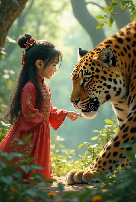 Young Chinese girl playing with leopard