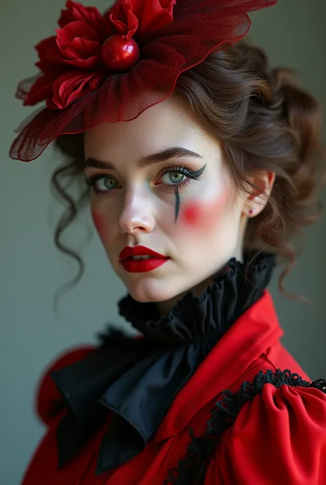  A clown woman In red and black ,  with soft makeup . not exaggerated