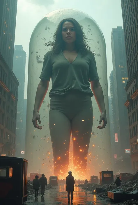 A woman is inside a giant plastic bubble and is rolling over several cars in a chaotic city, destroying everything in its path, the woman and the bubble are gigantic and have high destructive power, image from a Hollywood film