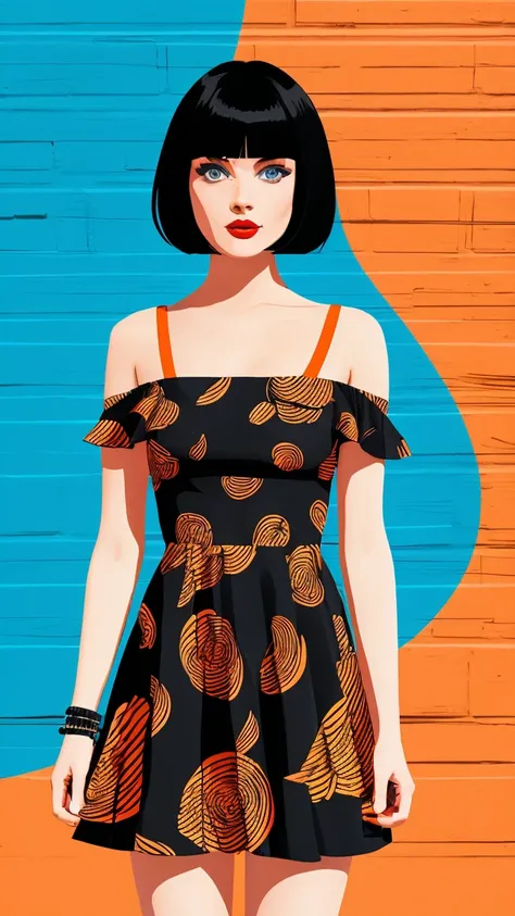  Create a flat illustration of a realistic female character with a black bob cut, striking blue eyes, and red lips. She is wearing a dress featuring an orange ruffle off-the-shoulder top, showcasing her bare shoulders. The character has a warm smile, exudi...