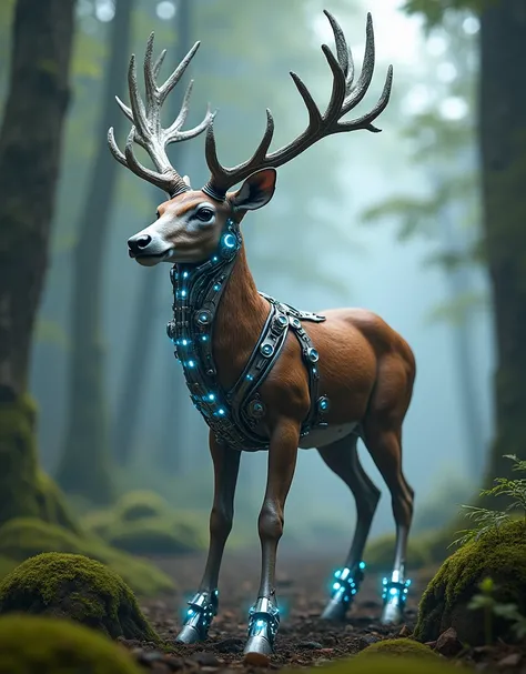 A stunning hybrid creation of a deer fused with futuristic robotic elements. The deer retains its elegant, natural form with a sleek, chestnut-brown coat, but its antlers are transformed into intricate, glowing metallic structures resembling energy conduit...