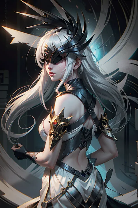 (masterpiece, best quality:1.3)
SmiteNox, 1girl, covered eyes, white hair, from behind high detail, digital painting, Pixiv, Artstation, High contrast, dramatic lighting, sharp focus