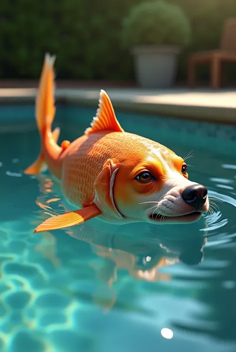 A surreal and imaginative scene of a salmon with a dogs face swimming in a real outdoor pool. The salmons body has vibrant, shiny scales, blending seamlessly with the realistic features of a dogs face, including expressive eyes and a snout. The pool is cry...