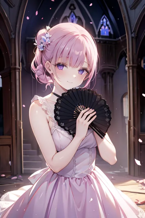 perfect face. perfect hands. a petite pink haired woman with violet eyes in a pretty lace gown is smiling while holding a fan in...