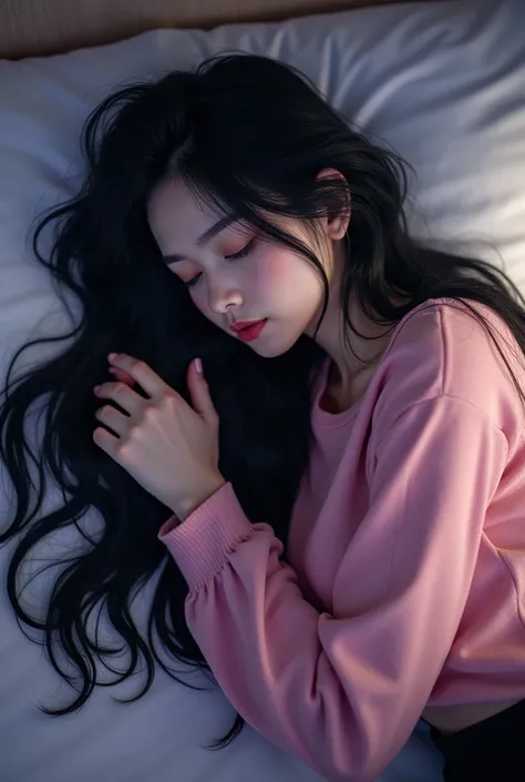 Young adult beauty woman with long black hair, blue eyes, pink sweater and long trousser black, lying on the bed room asleep at night