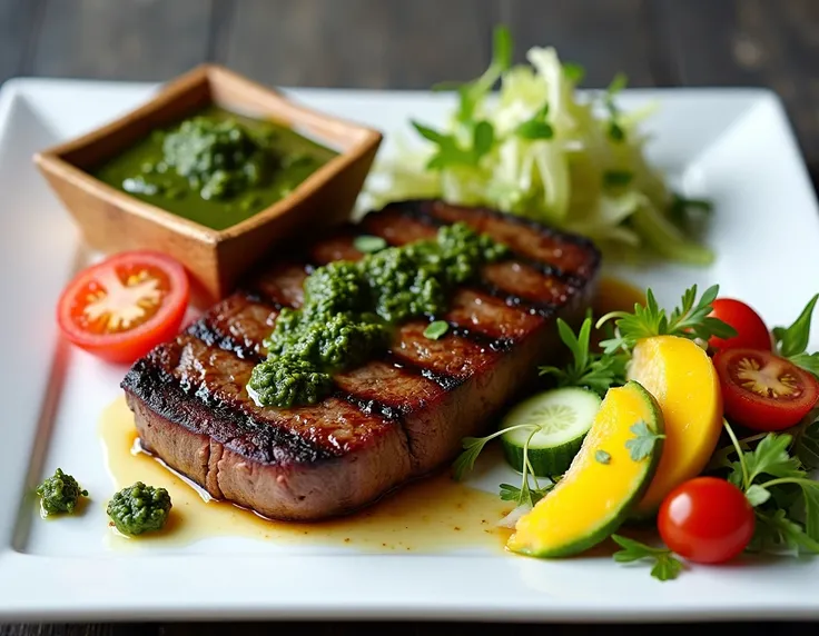 Generate a gourmet plating drawing on a square plate of a beef t-bone with baked potatoes ,  chimichurri sauce and romaine lettuce salad with Greek yogurt , flower-like cut cherry tomatoes to decorate the plate ,Arugula salad with mango and avocado  (avoca...